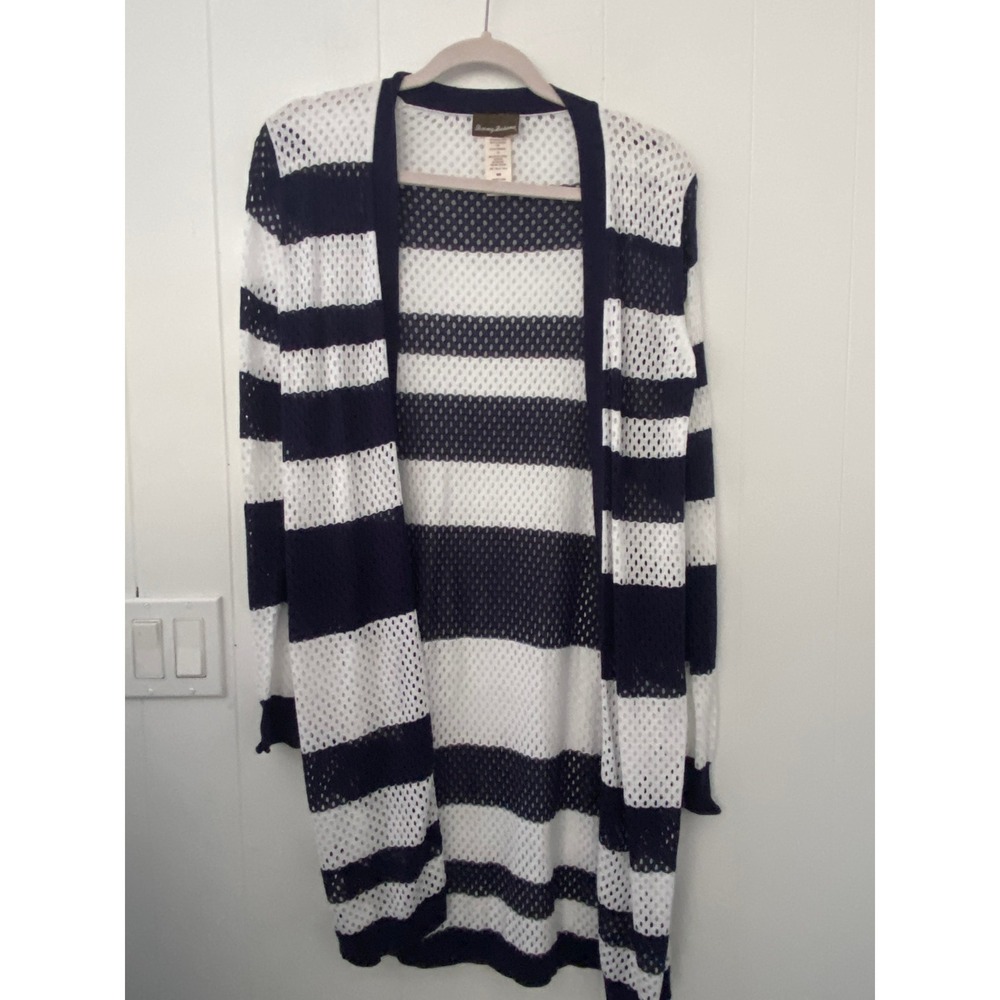 Tommy Bahama Navy‎ White Stripe Mesh Long Sleeve Open Front Cardigan Sweater M